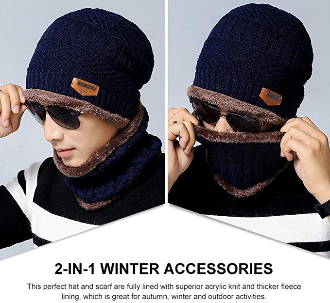 Winter Beanie Cap Hat Scarf Set for Men Women