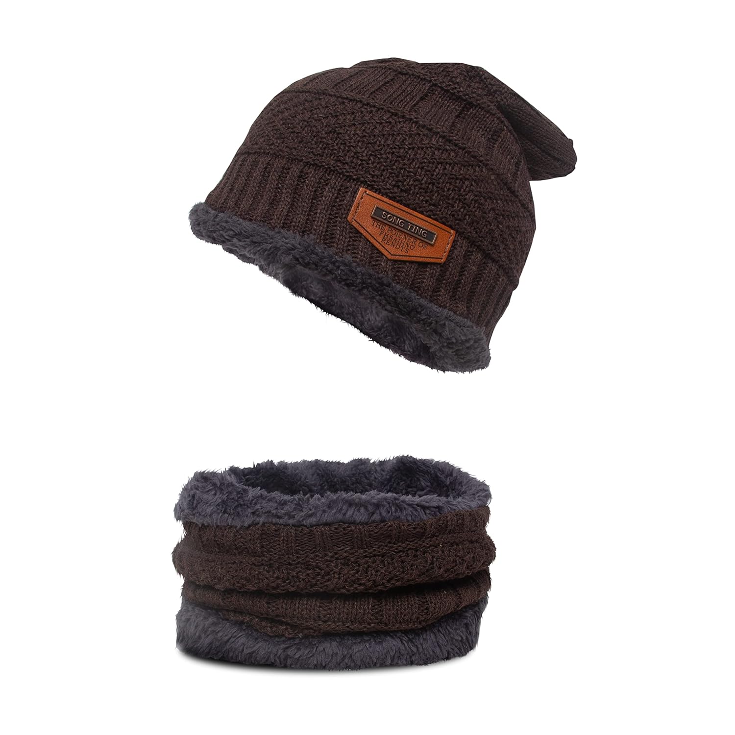 Winter Beanie Cap Hat Scarf Set for Men Women Brown