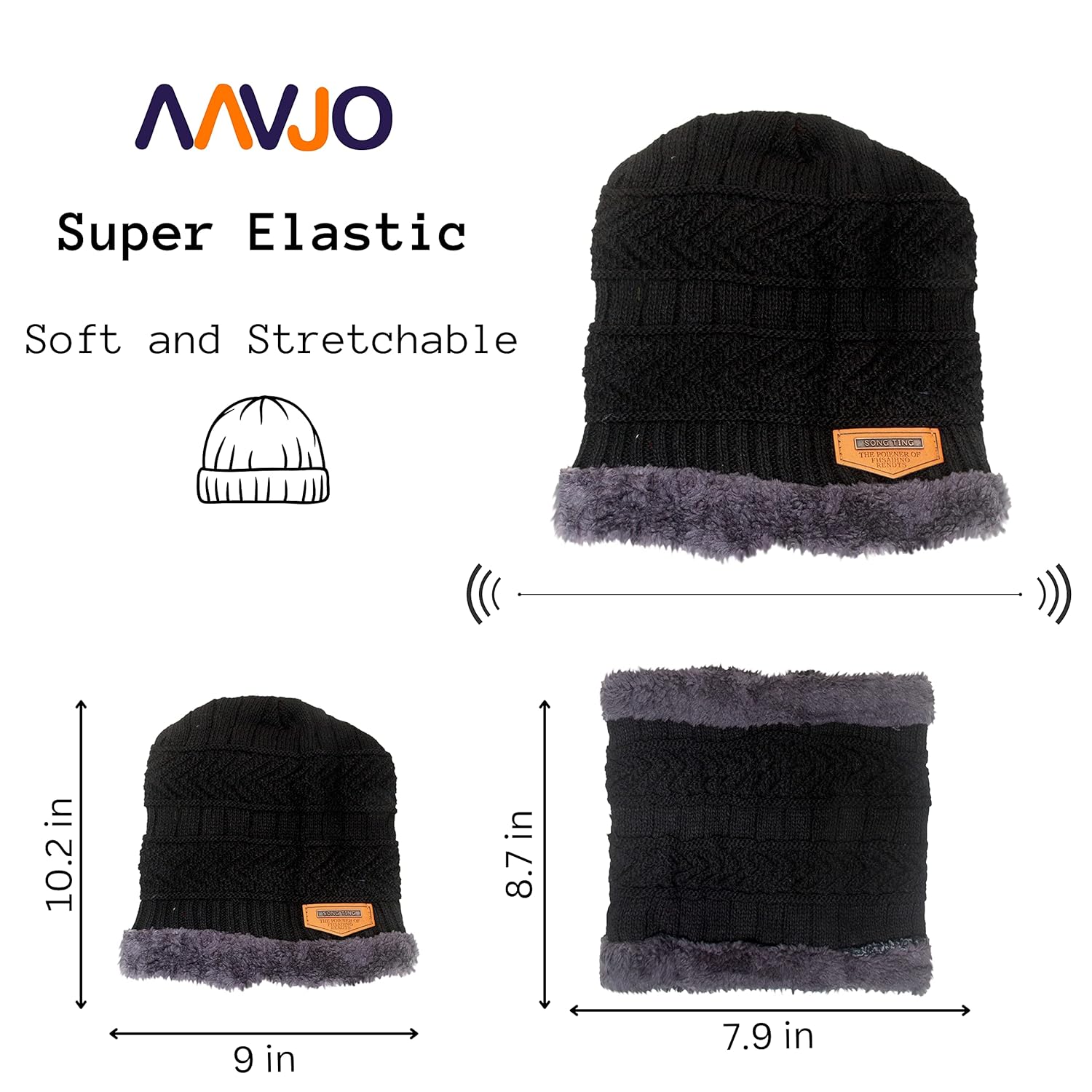 Winter Beanie Cap Hat Scarf Set for Men Women Black