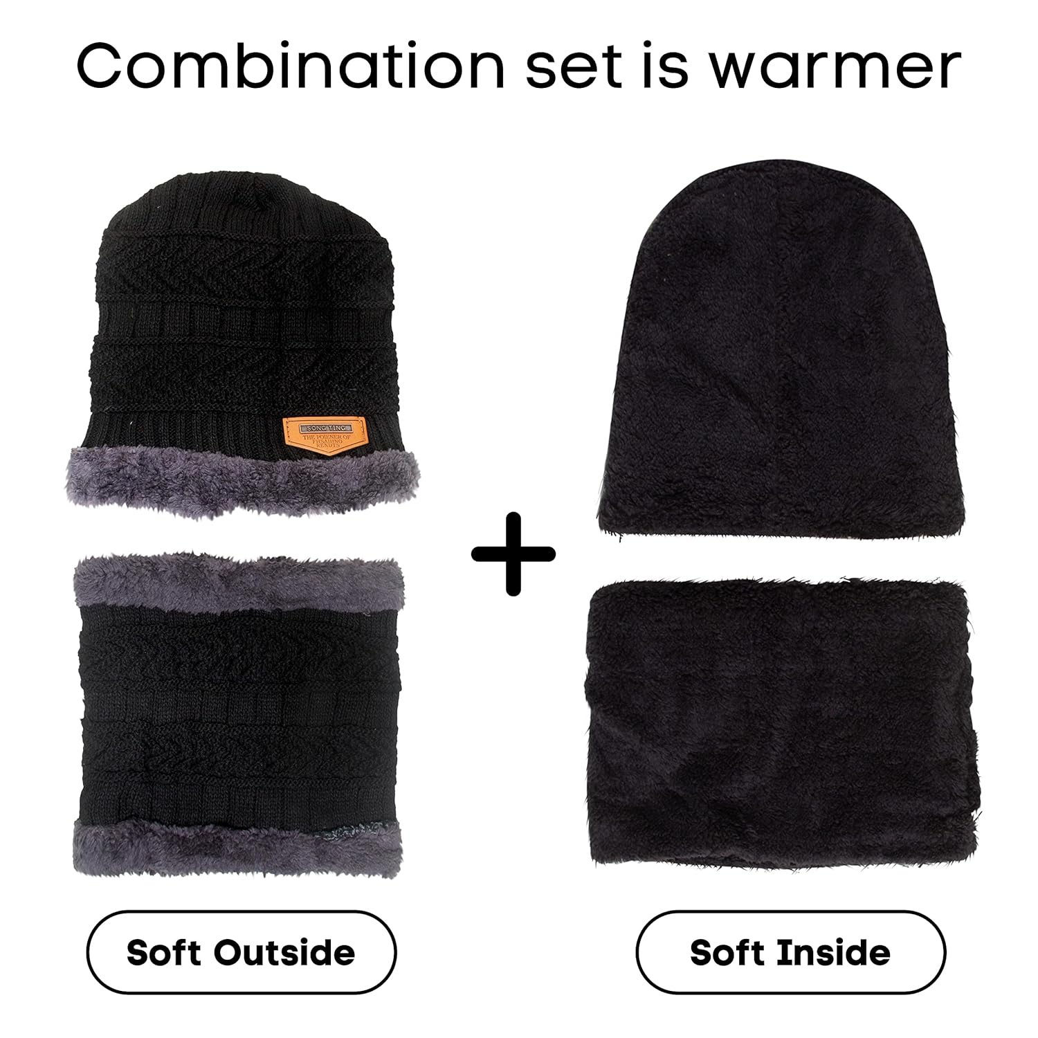 Winter Beanie Cap Hat Scarf Set for Men Women Black