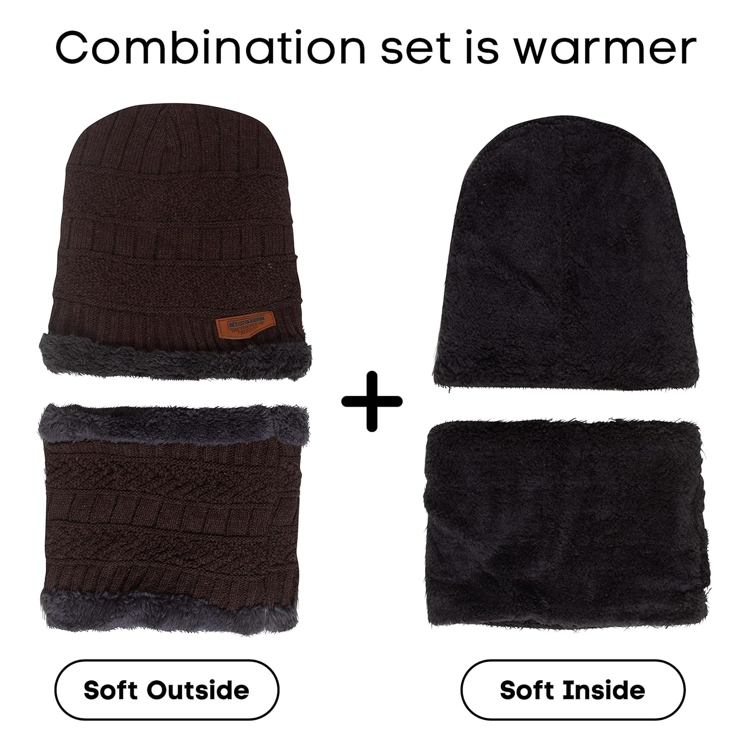 Winter Beanie Cap Hat Scarf Set for Men Women Brown