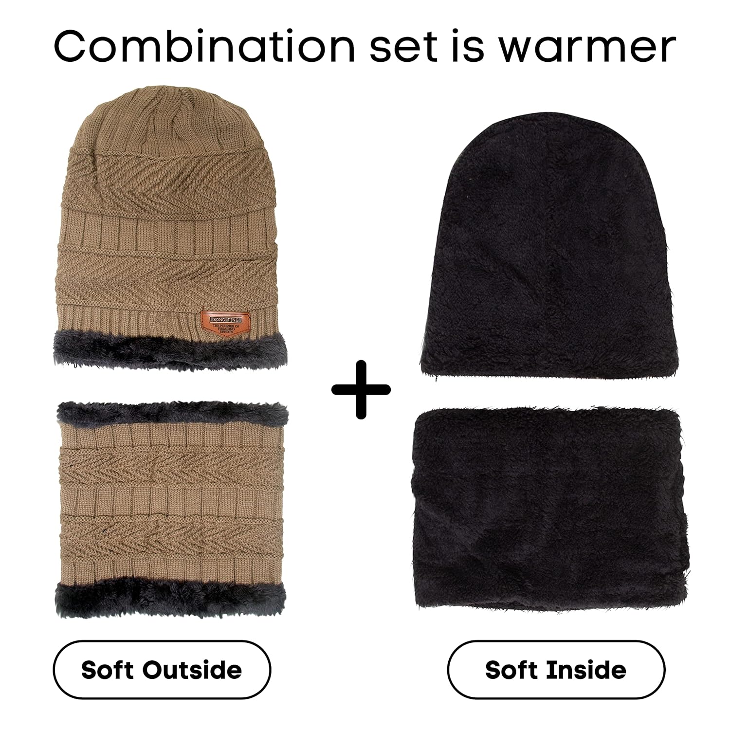 Winter Beanie Cap Hat Scarf Set for Men Women Beige