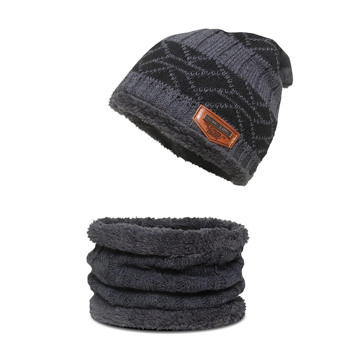 Beanie Cap Hat Scarf Set for Men Women Strip Grey