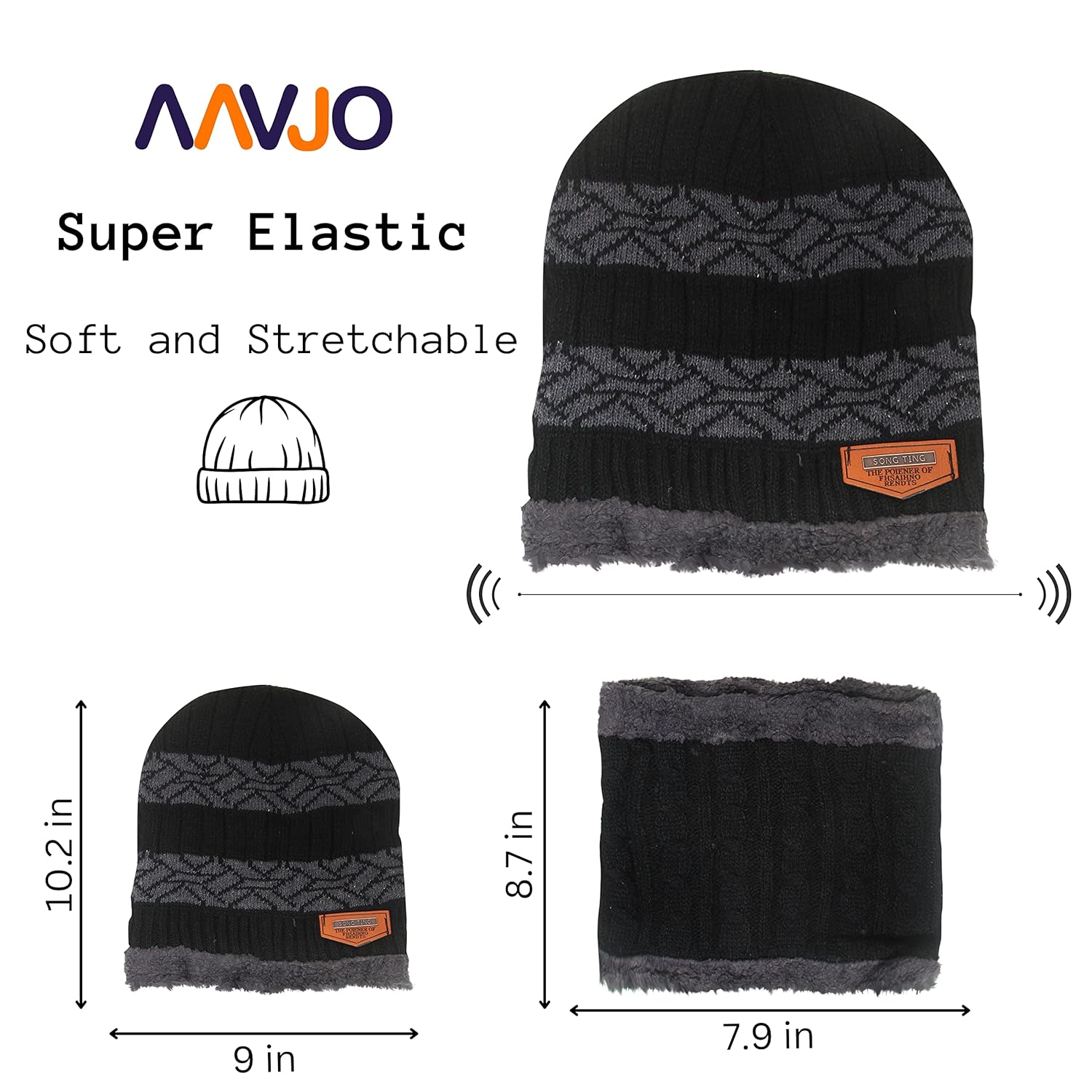 Beanie Cap Hat Scarf Set for Men Women Strip Black