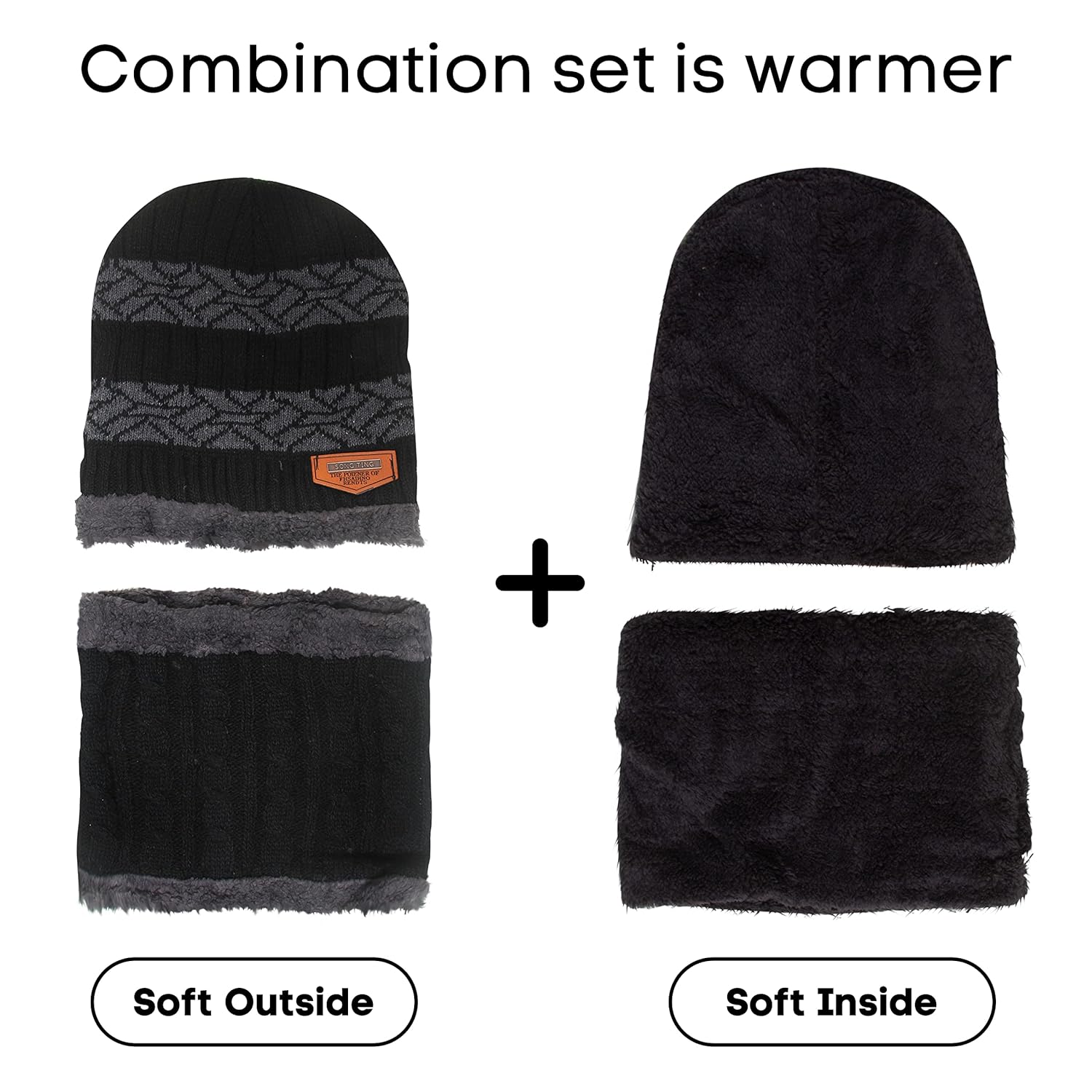 Beanie Cap Hat Scarf Set for Men Women Strip Black