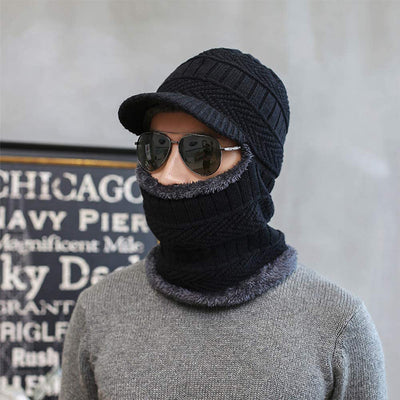 Thermal Warming Beanie Cap Hat with Brim and Warm Scarf for Men Women