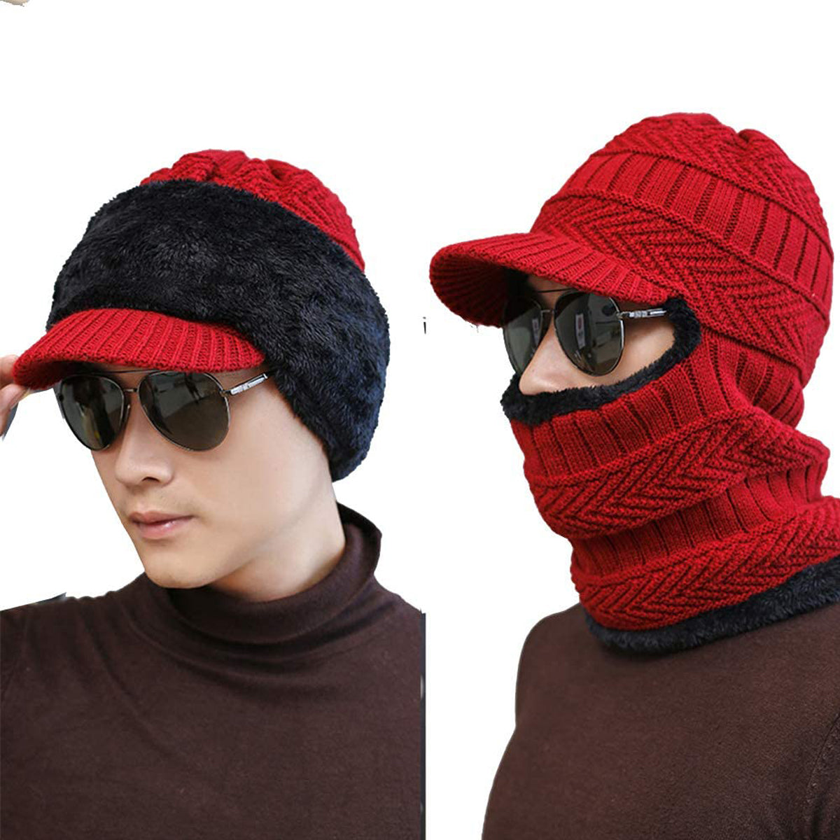 Thermal Warming Beanie Cap Hat with Brim and Warm Scarf for Men Women