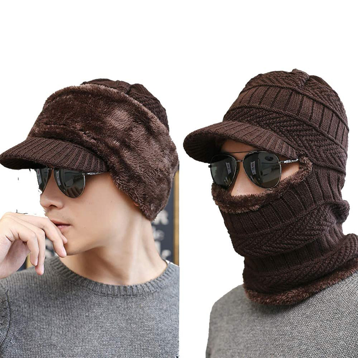 Thermal Warming Beanie Cap Hat with Brim and Warm Scarf for Men Women