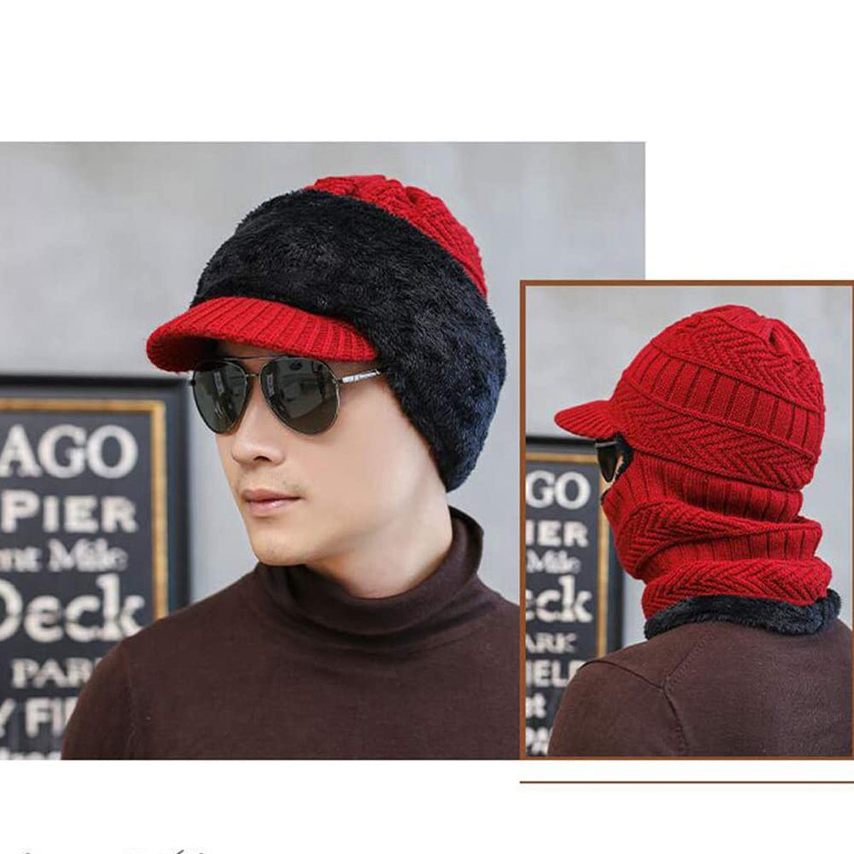 Thermal Warming Beanie Cap Hat with Brim and Warm Scarf for Men Women